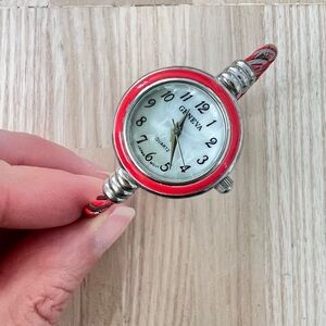Geneva ladies silver tone red cuff bracelet watch NEW BATTERY
